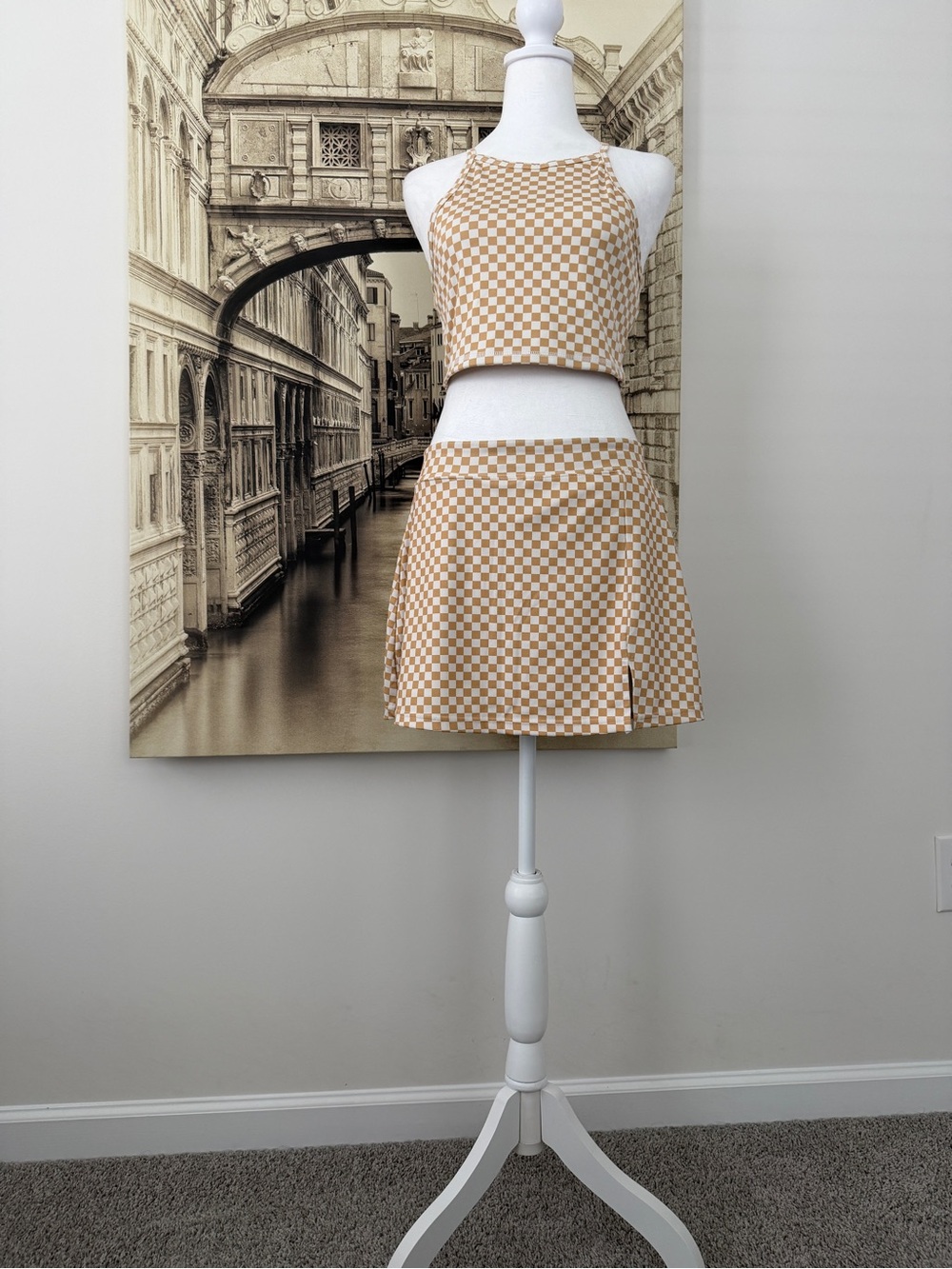 Like New Checkerboard Halter Crop Top & Skirt Set - Beige - Picture 2 of 16